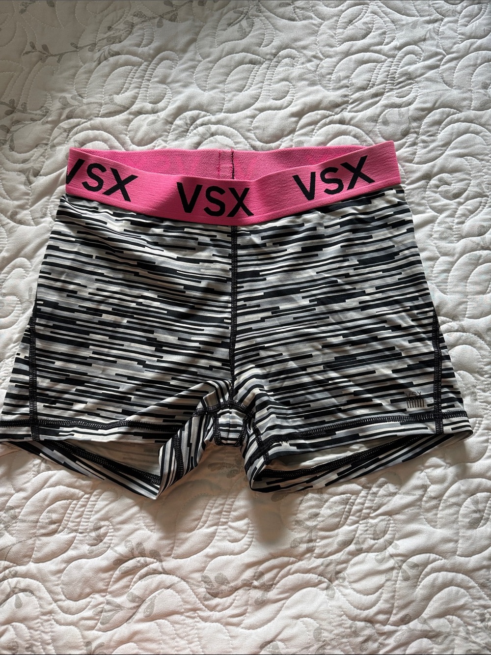 Victoria's Secret VSX Pink Waistband Black & White Striped Bike Shorts